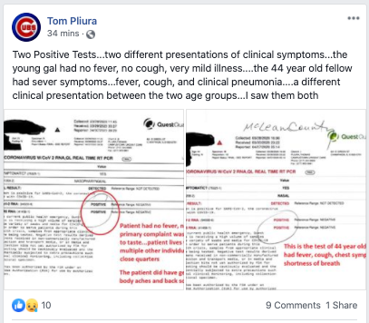 IMAGE: Screenshot of a Facebook post from Tom Pliura, featuring images from COVID-19 tests adminstered.