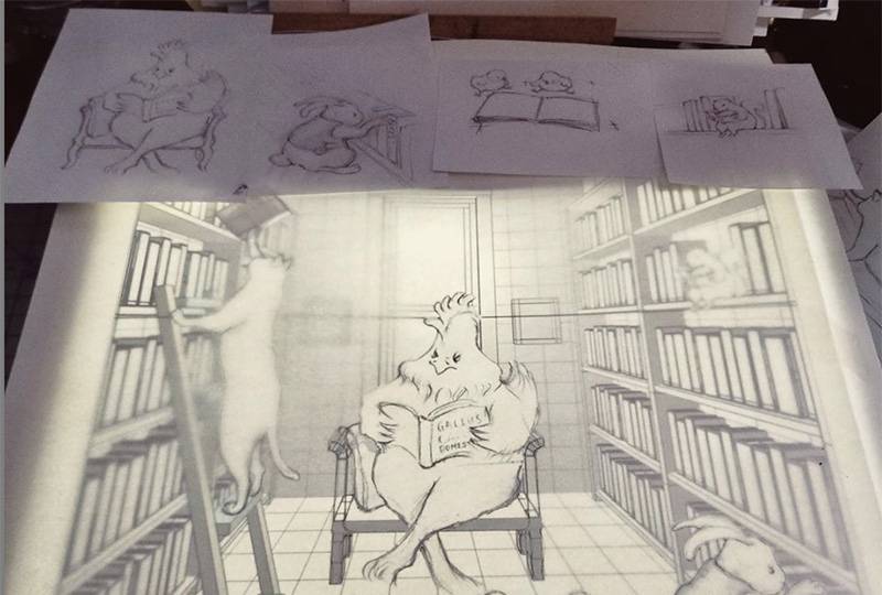 Image: Photo of pencil drawing of animals seated amongst bookstore shelves reading. Photo from Instagram