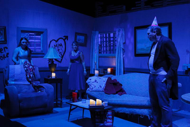 Image: Scene from The Birds at the Station Theatre, pictured left to right: Krystal Moya, Carolyn Kodes, Jeremiah Lowry. Photo by Jesse Folks.