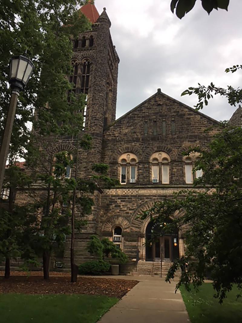 Altgeld Hall, south facade. Gothic Brown Stone, 2 story, with bell tower on the left. Photo by Rick D. Williams.