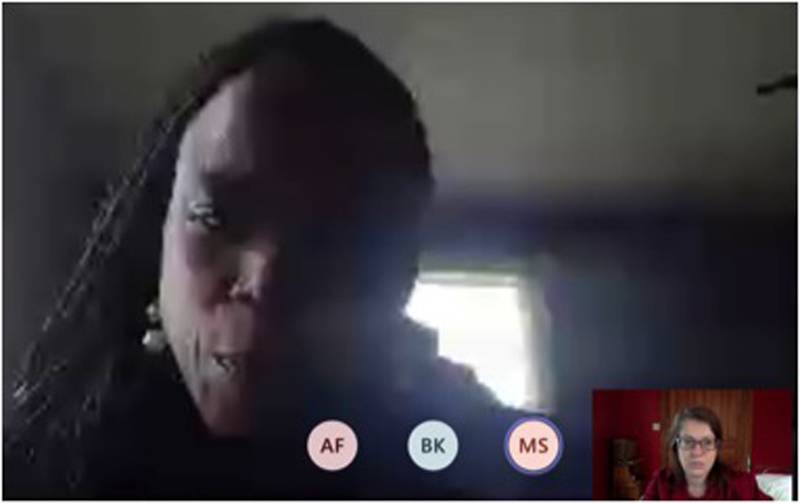 Screenshot of video call. Carol Ammons is pictured in the large, full screen window. In a smaller window in the bottom right hand corner is Danielle Chynoweth. Photo by Danielle Chynoweth. 