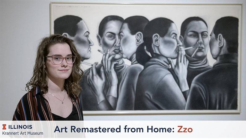 Image: Photo of musician ZZo at Krannert Art Museum standing in front of Nancy Hild's drawing â€œItâ€™s Getting Too Crowded in Here.