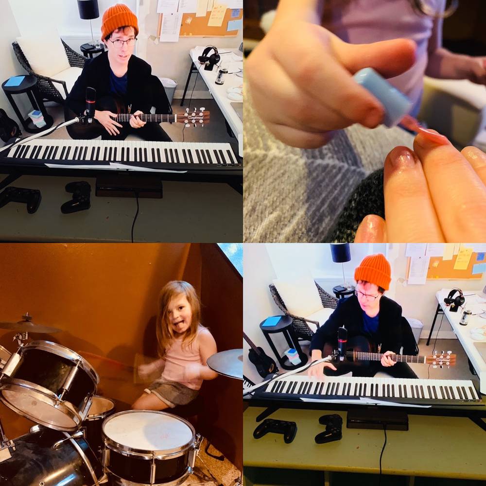 A grid of four photos set in a square. Upper left is muscian Ben Folds sitting at a keyboard with a guitar in his lap. Upper right is a a close up of a small childs hand painting the fingernails of an adult. Bottom right is Ben Folds sitting in front of a keyboard with a guitar in his lap. Bottom left is a toddler sitting at a drumset playing the drums. Photo by Lindsay Aikman. 