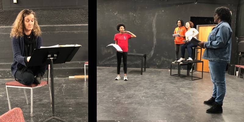 A split image: on one side a woman is perched on a chair looking at a black music stand with papers on it. On the other side are four actors in rehearsal, looking at scripts and interacting with each other. Photo by Cope Cumpston.
