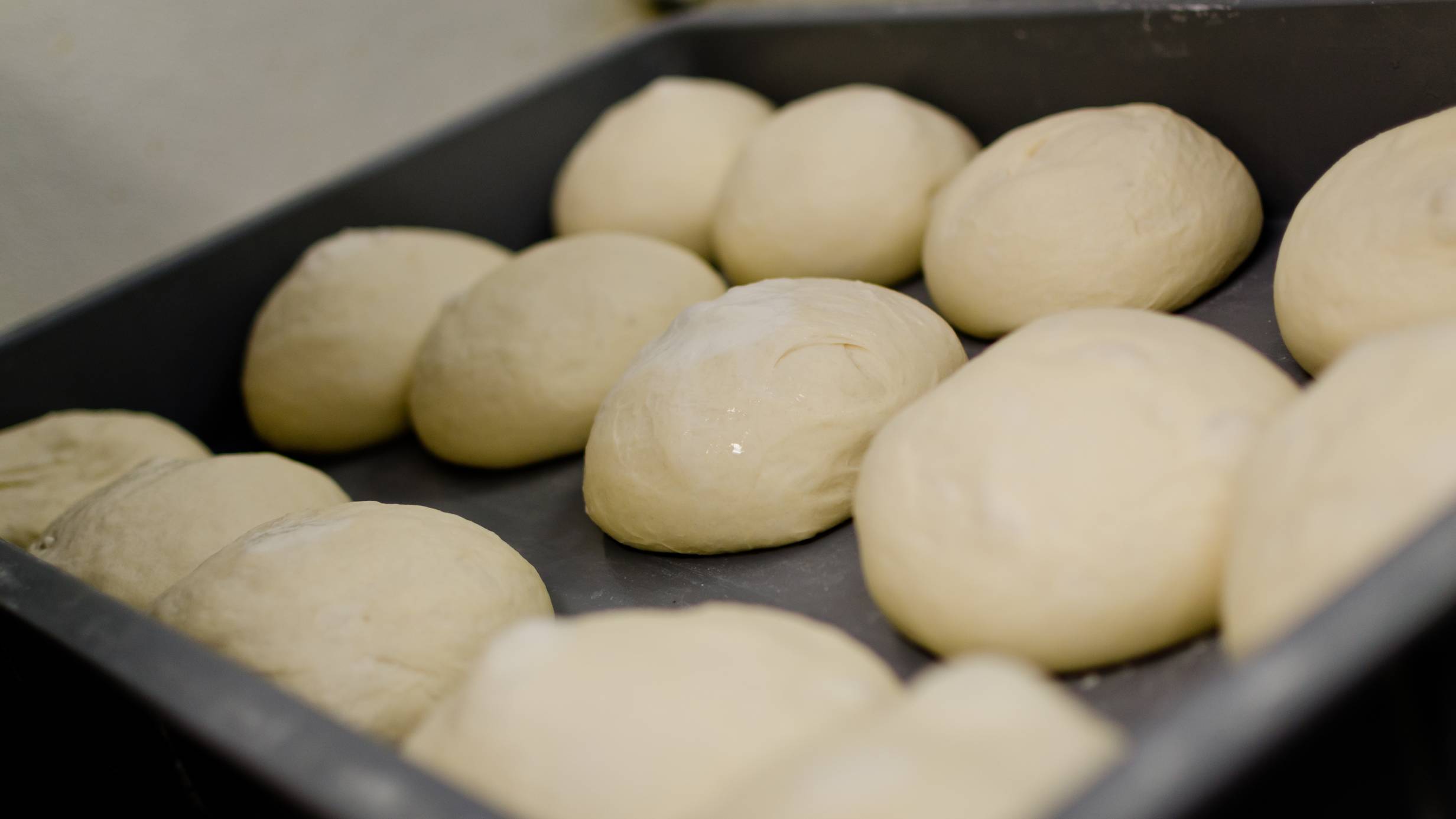 Freshly made dough balls are lined up in a tray in rows. Photo from D.P. Dough.