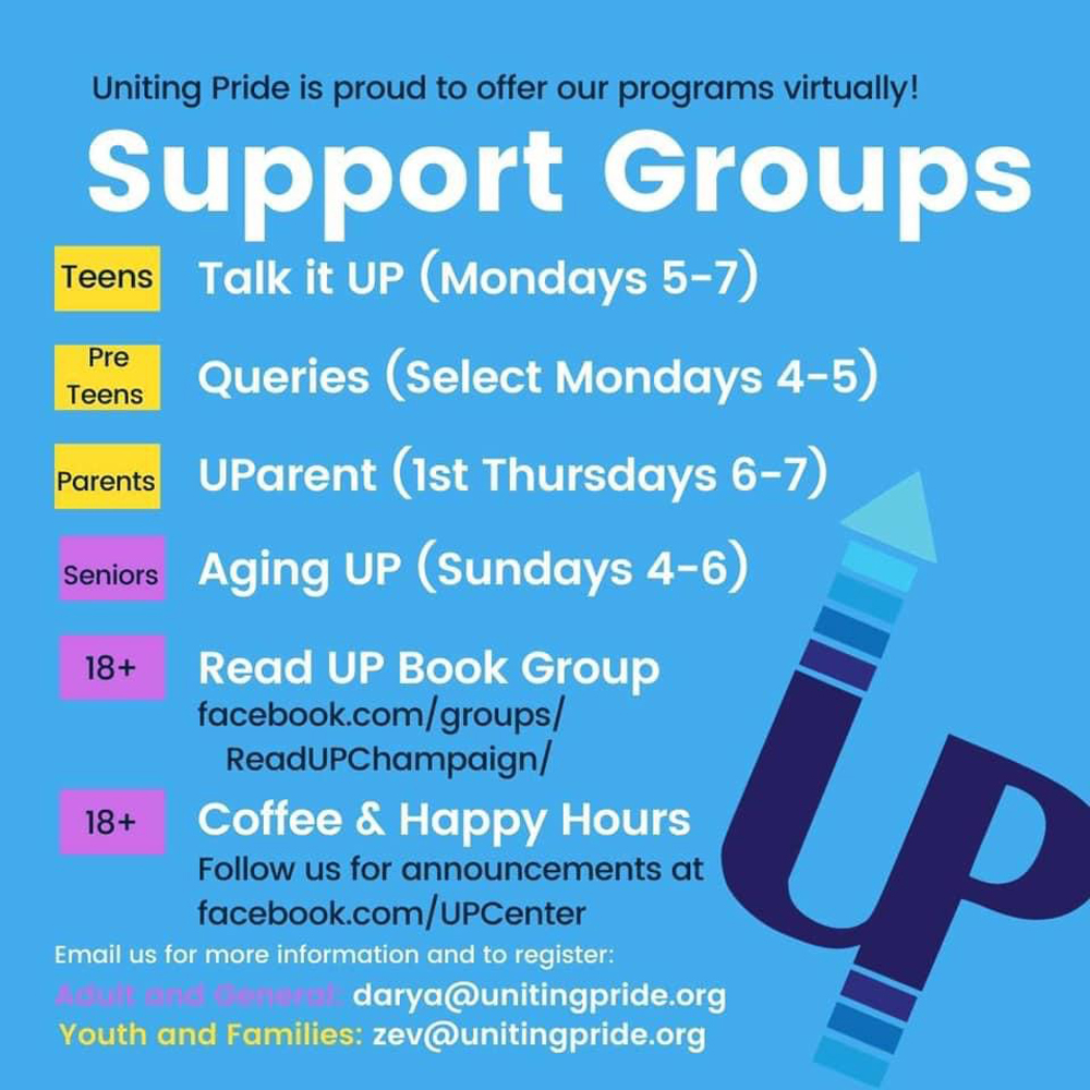 Poster for Uniting Pride support groups. A blue poster with white text indicates which groups meet on which days. Image courtesy of Uniting Pride.