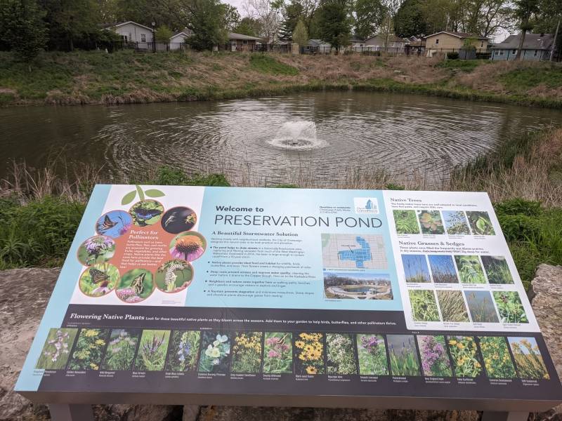 A placard that details information about Preservation pond. Photo by Tom Ackerman. 
