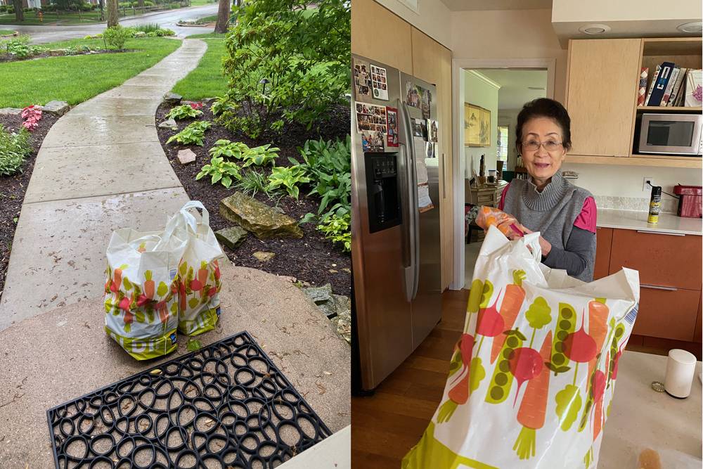 Two vertical images next to each other. On the left, the sidewalk up to a house from the position of the doorway. There are two shopping bags with groceries on the step. On the left, Kimiko Gunji is pictured in her kitchen with one of the grocery bags on her counter. She is holding a bag of oranges and looks into the camera. Photo by Jennifer Gunji-Ballsrud.