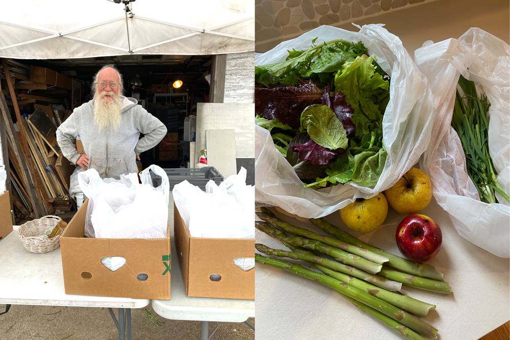 Two vertical images next to each other. On the left, a photo of farmer Bob Brackett standing behind tables at his farmstand. In front of him on the tables are boxes filled with bags of produce, individually packaged for each person. On the right, the produce from the farm stand are laid out on a kitchen counter. Pictured are lettuces, asparagus, apples, and Asian chives. Photo by Jennifer Gunji-Ballsrud.