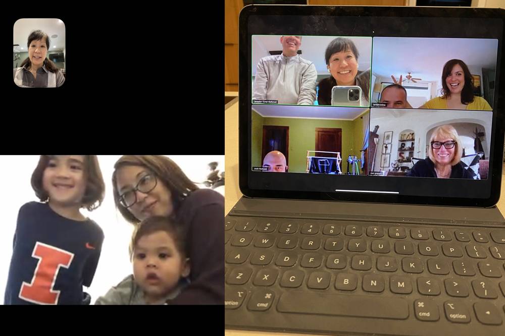 Two vertical images next to each other. On the left, a screenshot of a FaceTime call with the author's sister. Picture are a woman and two children. On the right, a photograph of a laptop screen of a Zoom video chat, with four different feeds on the screen. Photo by Jennifer Gunji-Ballsrud.