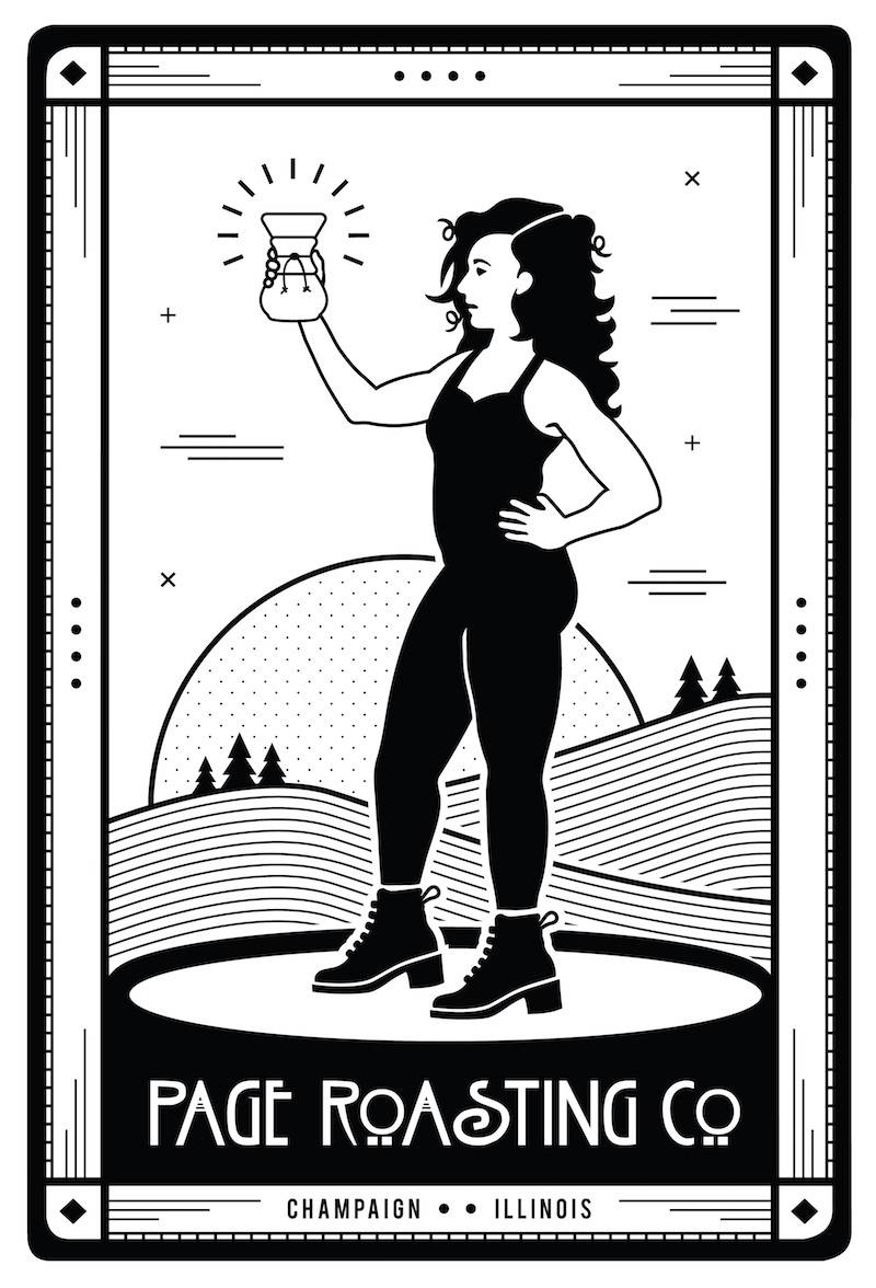 Erin Erdman portrayed on a tarot card with the text â€œPage Roasting Company â€“ Champaign, ILâ€ on the card. Photo provided by Erin Erdman.