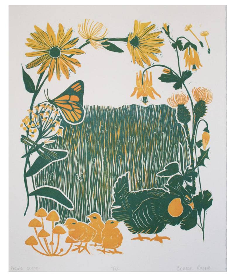 Image: Prairie Scene, reductive linocut print, by Colleen Mary Lappe. Image from website. 