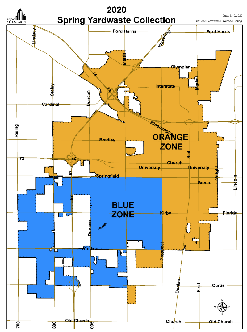 A map of the city of Champaign with Orange and Blue blocks that designate pickup areas. Image from City of Champaign. 
