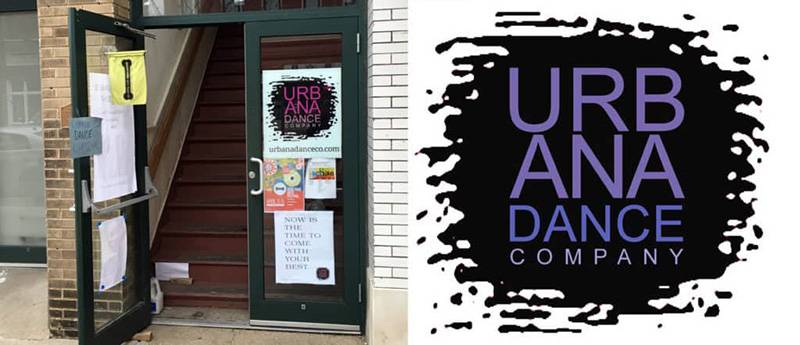 Image: On the left, a photo of the Urbana Dance Company front entrance. To the right, the Urbana Dance Company logo. Photo by Debra Domal. Logo from UDC website.