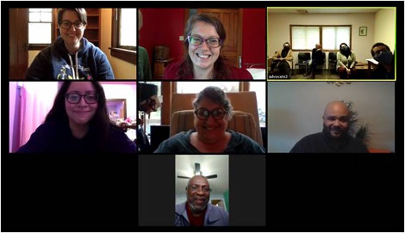 Screenshot of a Zoom video call with seven different video calls. Screenshot by Danielle Chynoweth. 