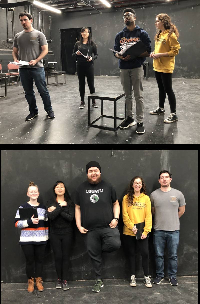 A split image: At the top two male and two female actors stand in a semi circle holding scripts. In the bottom image five actors stand shoulder to shoulder against a black blackground. Photos by Cope Cumpston.