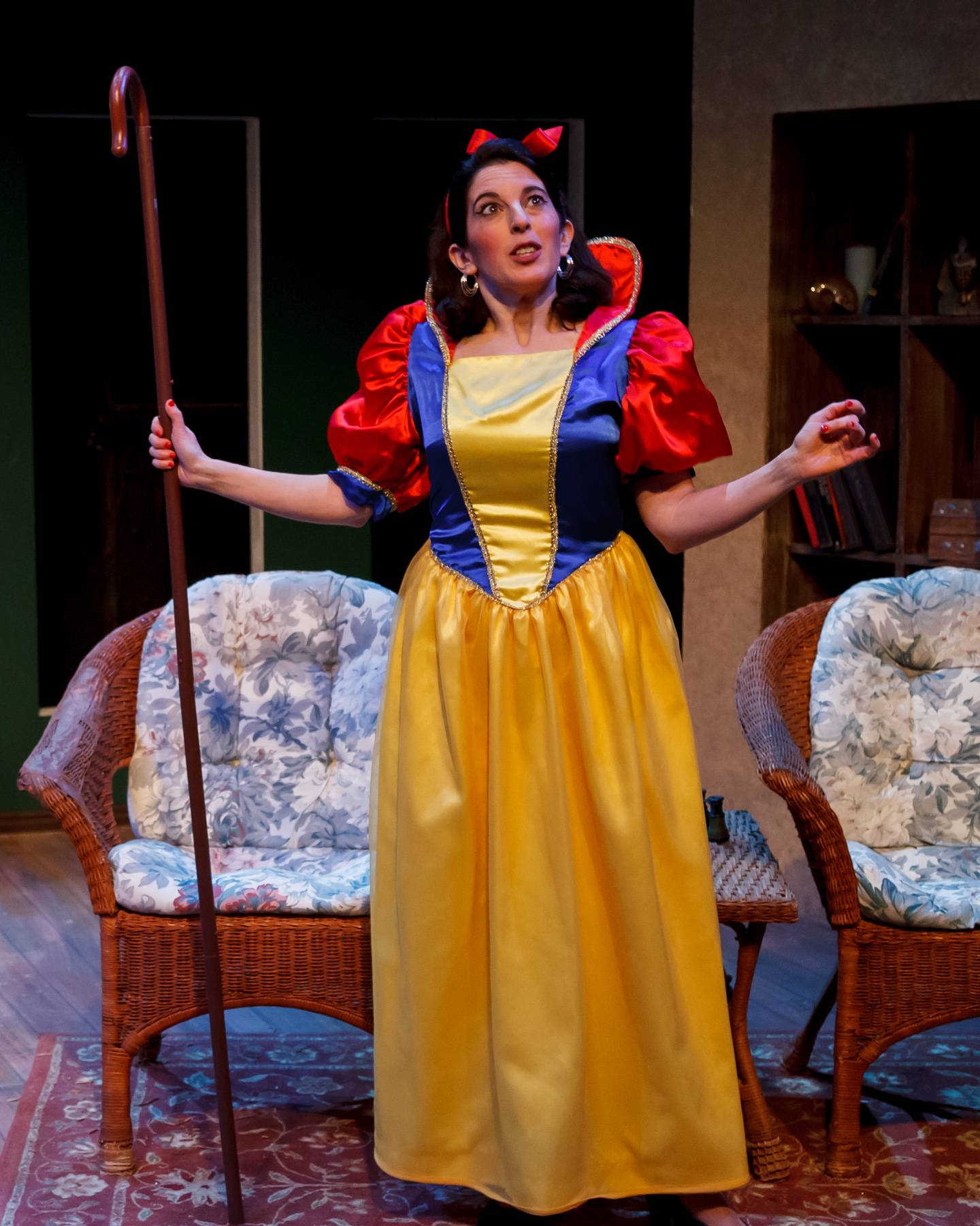 Image: Photo of Jaclyn Loewenstein dressed as Snow White in a scene from Vanya and Sonia and Masha and Spike. Photo by Jesse Folks.