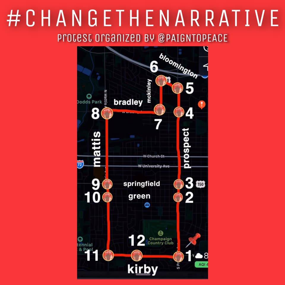 A graphic with a red background and white text. The text is #changethenarrative, and provides information about a Black Lives Matter protest happening on June 6th. There is a map with the protest march route and stops marked. Image from the Paign to Peace Facebook page.