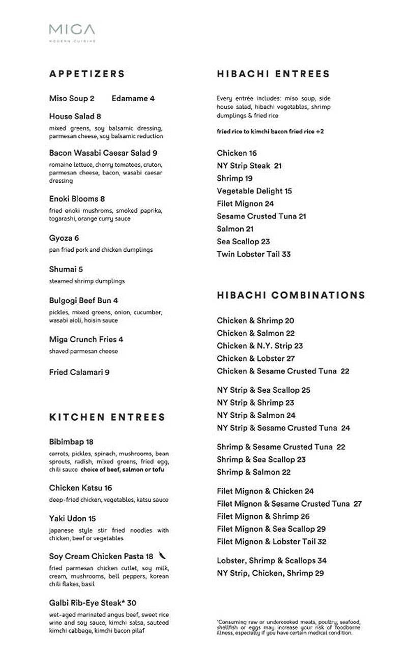 Miga's carryout and pick up menu as of June 11th, 2020. Image from Miga's Facebook page. 