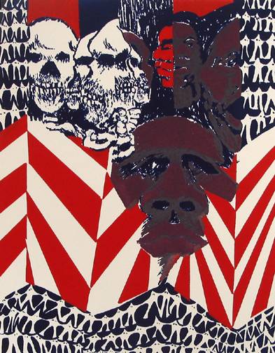IMAGE: Artwork by Barbara Jones-Hogu, red, white, and blue colors throughout the piece.