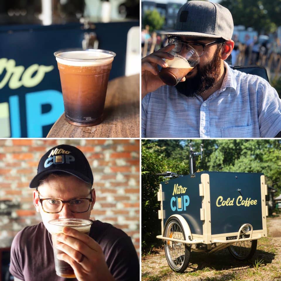 Four pictures in a grid clockwise--a freshly poured nitro brew cup sits on a table in front of the business's branded bike, co-owner Will drinks a nitro brew, co-owner Grant drinks a cup of nitro brew, and the business's coffee bike. Photo by Nitrocup Facebook.