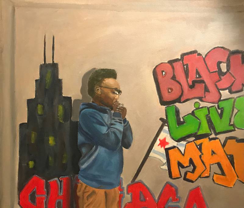 Image: Oil painting of a black man covering his mouth while standing in front of a mural, which depicts the city of Chicago and the words Black Lives Matter. 12.5 x 15