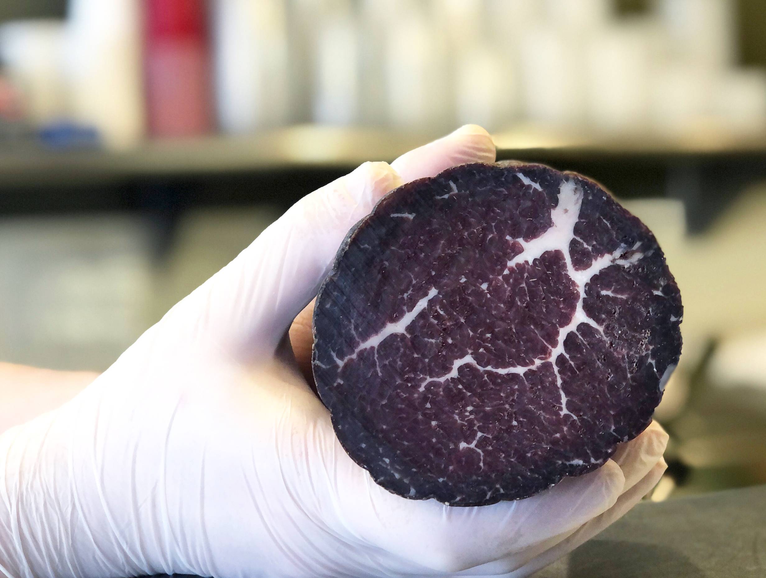 Two gloved hands hold up a deli meat sausage of bresaola salumi showing the circular shape and deep purple color. Photo by Alyssa Buckley.