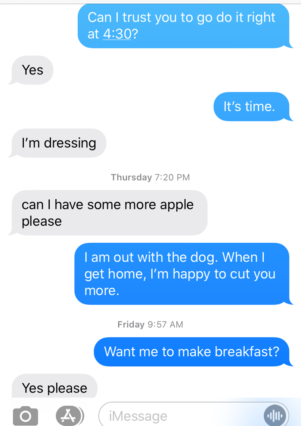 Screenshot of a text exchange between a mother and her child. The most recent text message shows the mother asking the child if he wants breakfast. Screenshot by Elizabeth Hess. 