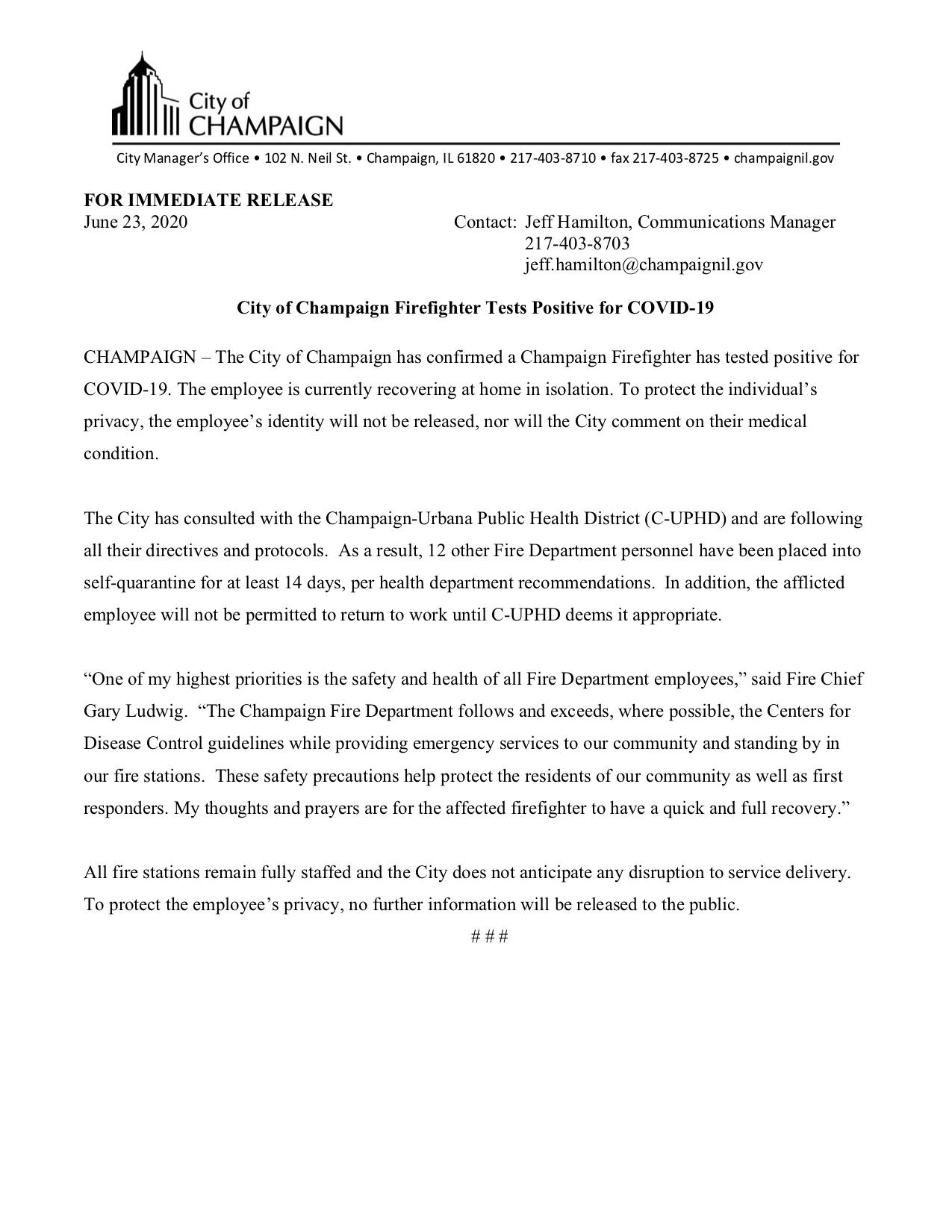 Press release stating that 12 firefighters in Champaign are quarantined for 14 days because of COVID-19. From the City of Champaign.