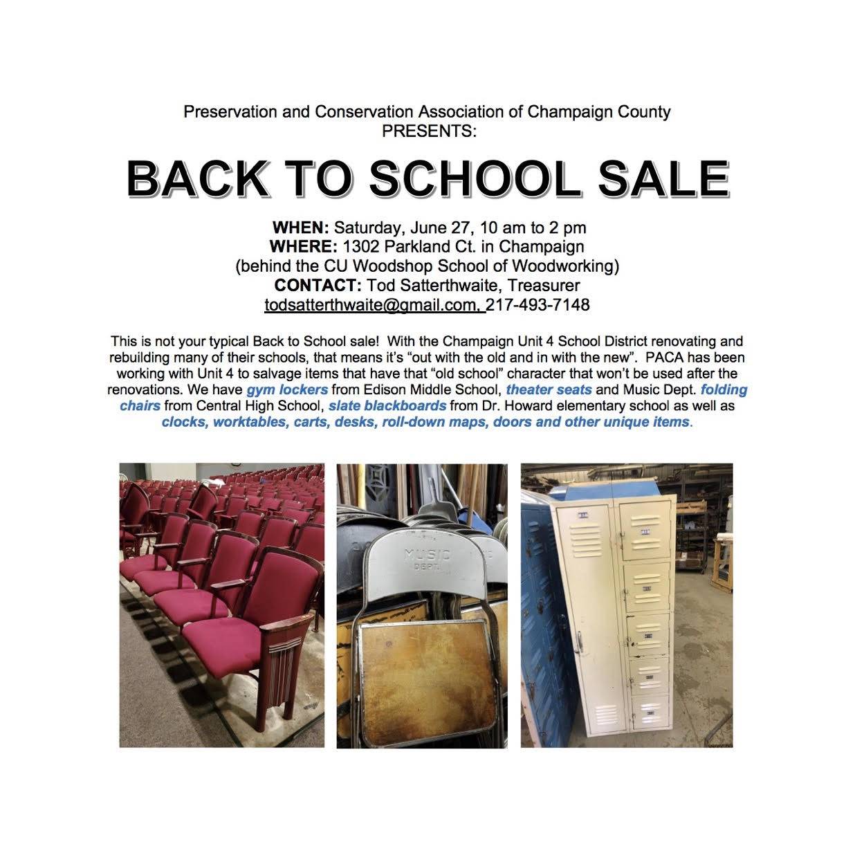 A flyer for PACA's sale of items salvaged from Unit 4 schools. Image courtesy of PACA. 