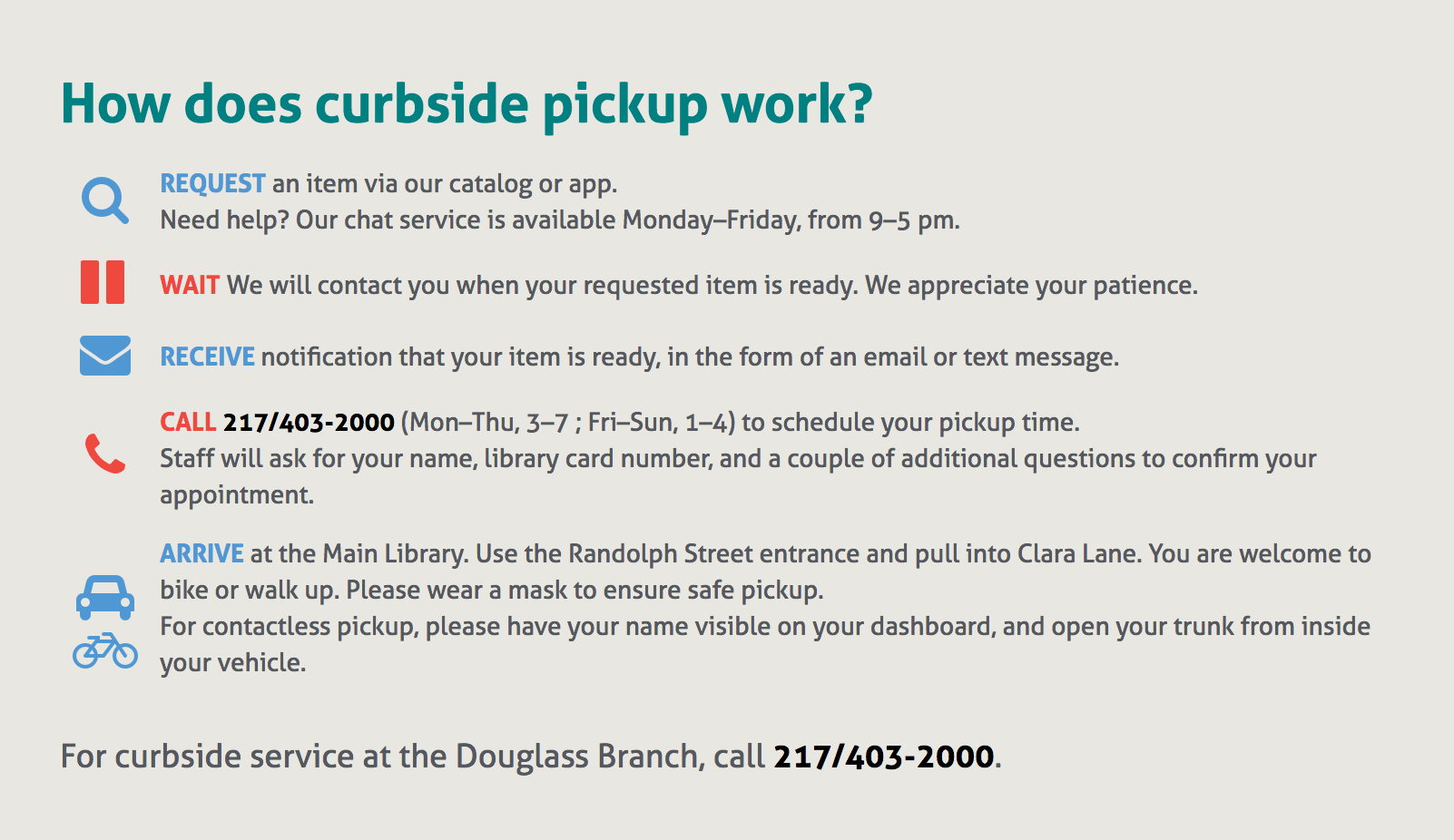 Graphic explaining how to pick up books from the Champaign Public Library. Screenshot from the CPL website. 
