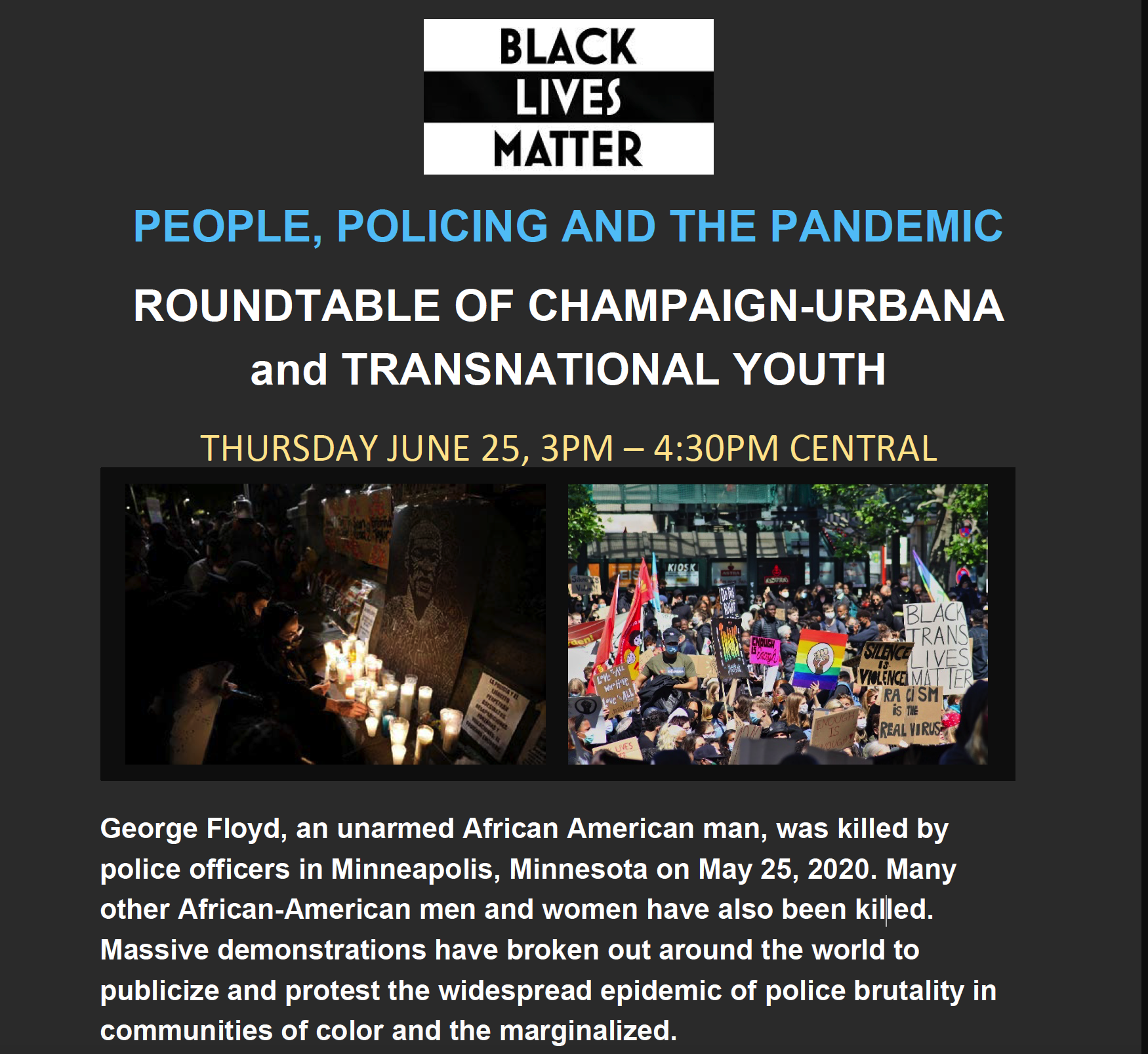 IMAGE: Flyer for the roundtable discussion of Champaign-Urbana and Transnational Youth.