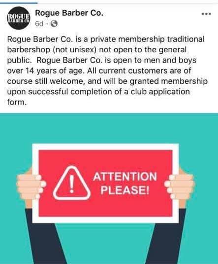 IMAGE: Screenshot of Rogue Barber's Facebook post. There's text, and below that, an image of a red sign that says 