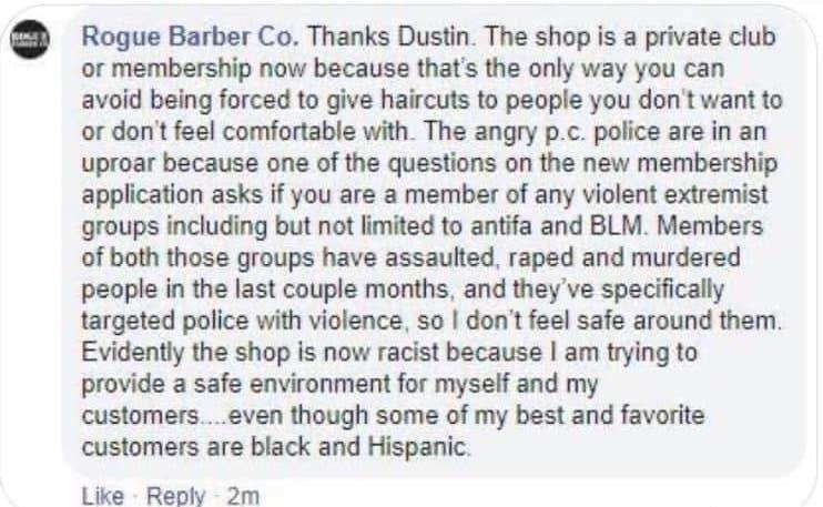 IMAGE: A screenshot of a comment left by Rogue Barber Co on Facebook.