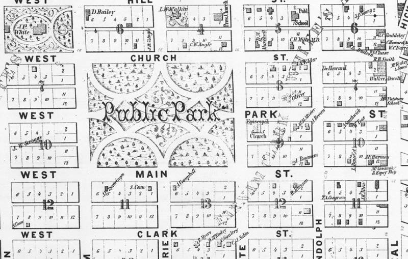 Section from the 1858 Bowman Map of Urbana and Champaing showing West Side Park and surrounding streets.