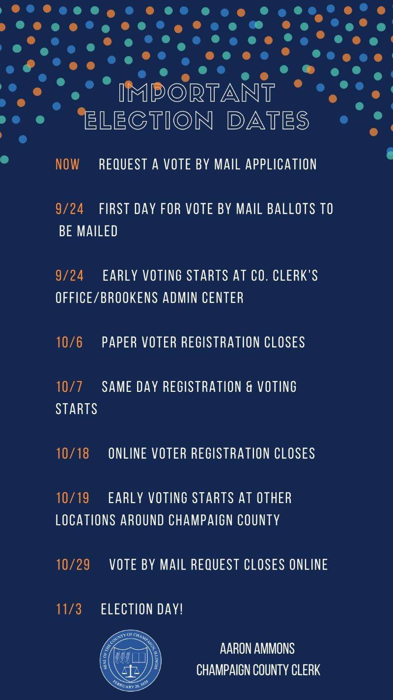 A poster with a blue background and multi-colored dots across the top. The text details election related dates. Image from Champaign County Clerk Facebook page. 