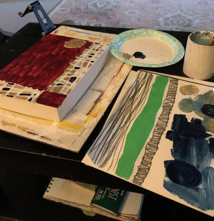 Image: Photo of Johnson's set up for a new collage piece.