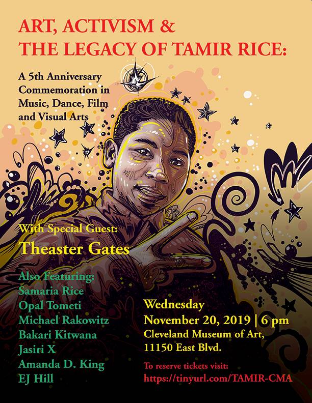 Image: Tamir Rice Fundraiser Flyer with background digital illustration by Stacey Robinson.