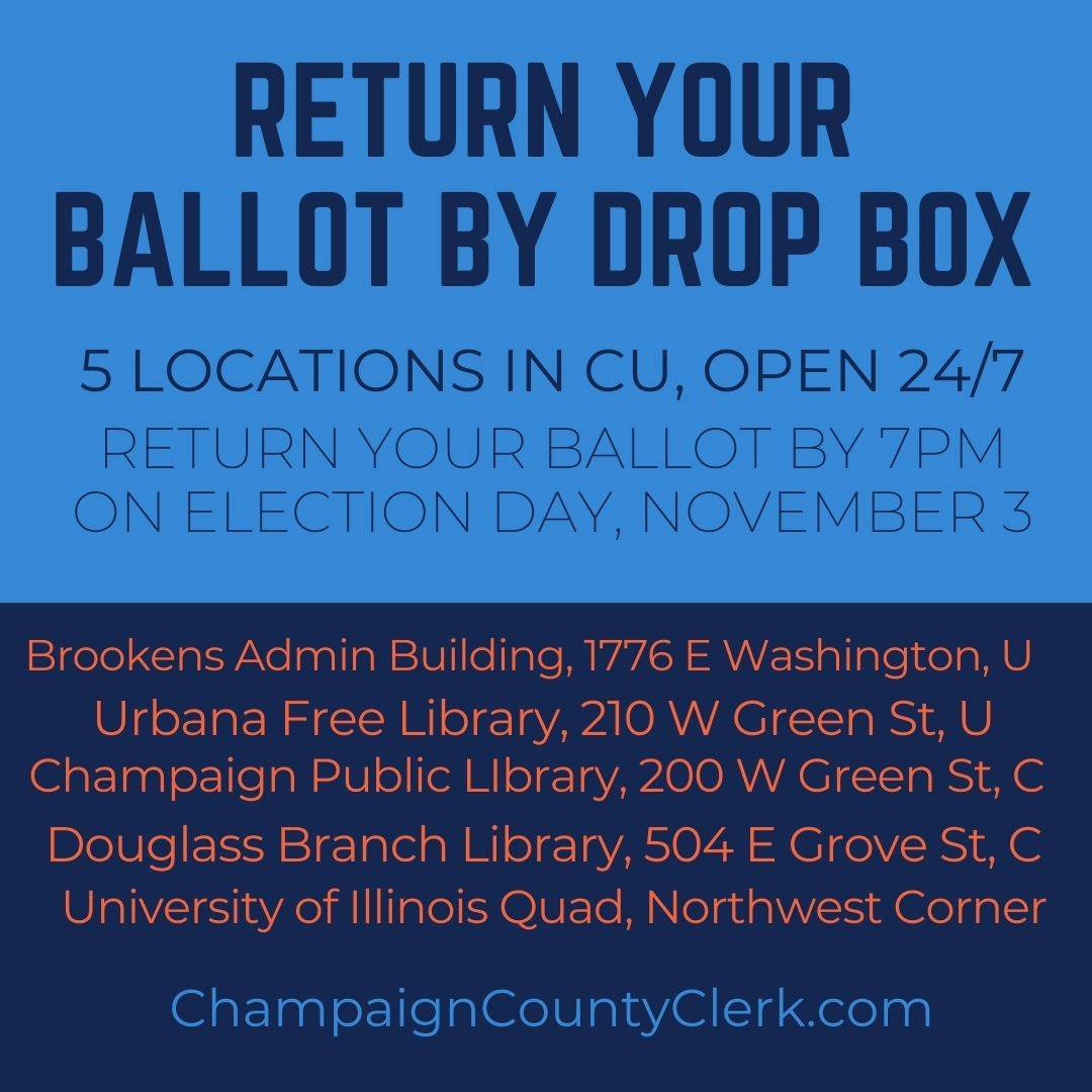 Two-toned blue graphic with drop off ballot box locations in Champaign Urbana. Image from Champaign County Clerk's website. 