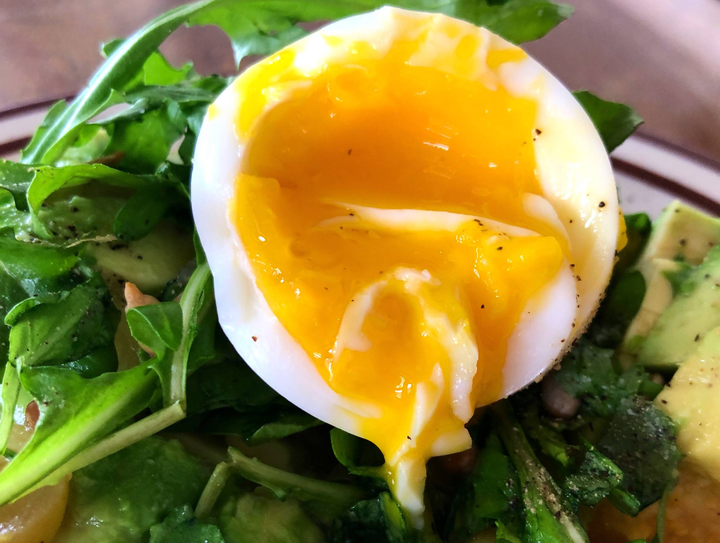 A soft boiled egg, cut open and spilling golden yellow yolk, sits on a bed of arugula and grits on a beige plate. Photo by Alyssa Buckley.