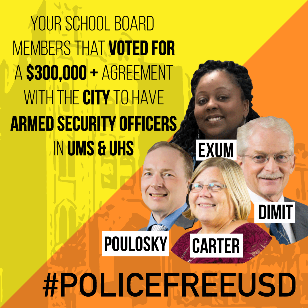 Graphic with four photos of school board members on the bottom right, and top left features text about SROs. Image by Ameena Payne.