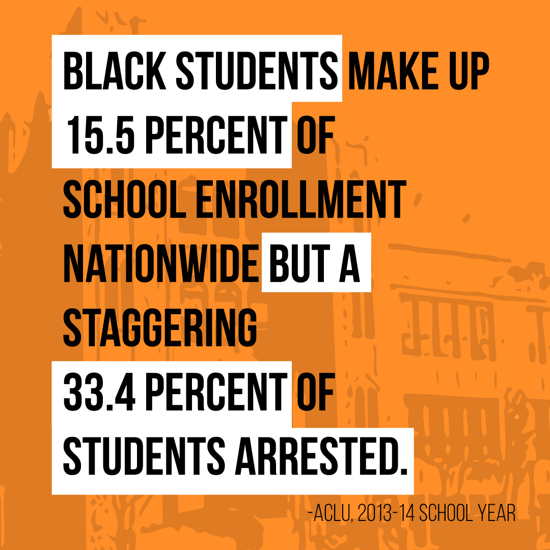 Orange graphic with black text overlaying, discussing Black students in schools. Image by Ameena Payne.