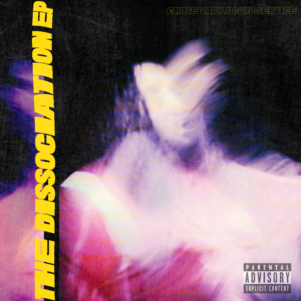 Album art featuring vertically-written text THE DISSOCIATION EP in yellow. There's a purpose and red blurred figure on top of a black background.
