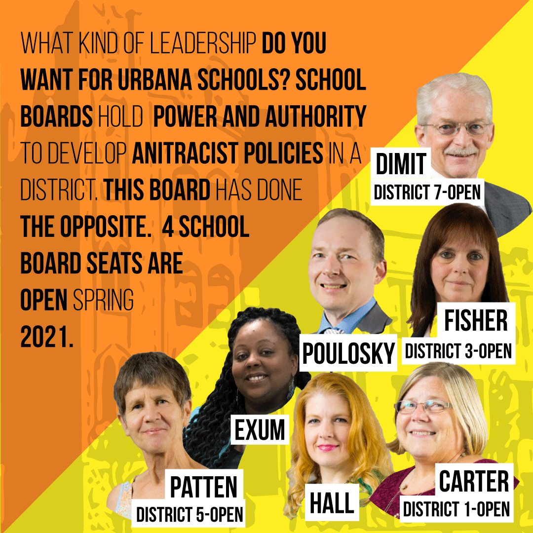 Orange and yellow graphic with black text overlaying. Photos of school board members in the bottom right. Image by Ameena Payne.