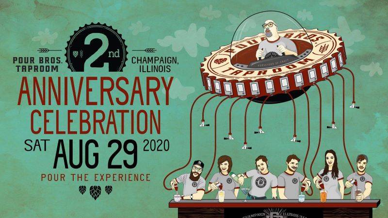 A poster with a green background. There is a cartoon graphic of a person in a flying saucer with beer taps hanging from it. Each tap reaches down to a person standing behind a bar. The main text says Pour Bros Taproom 2nd Anniversary Celebration, Saturday, August 29th. Image from Facebook event page.