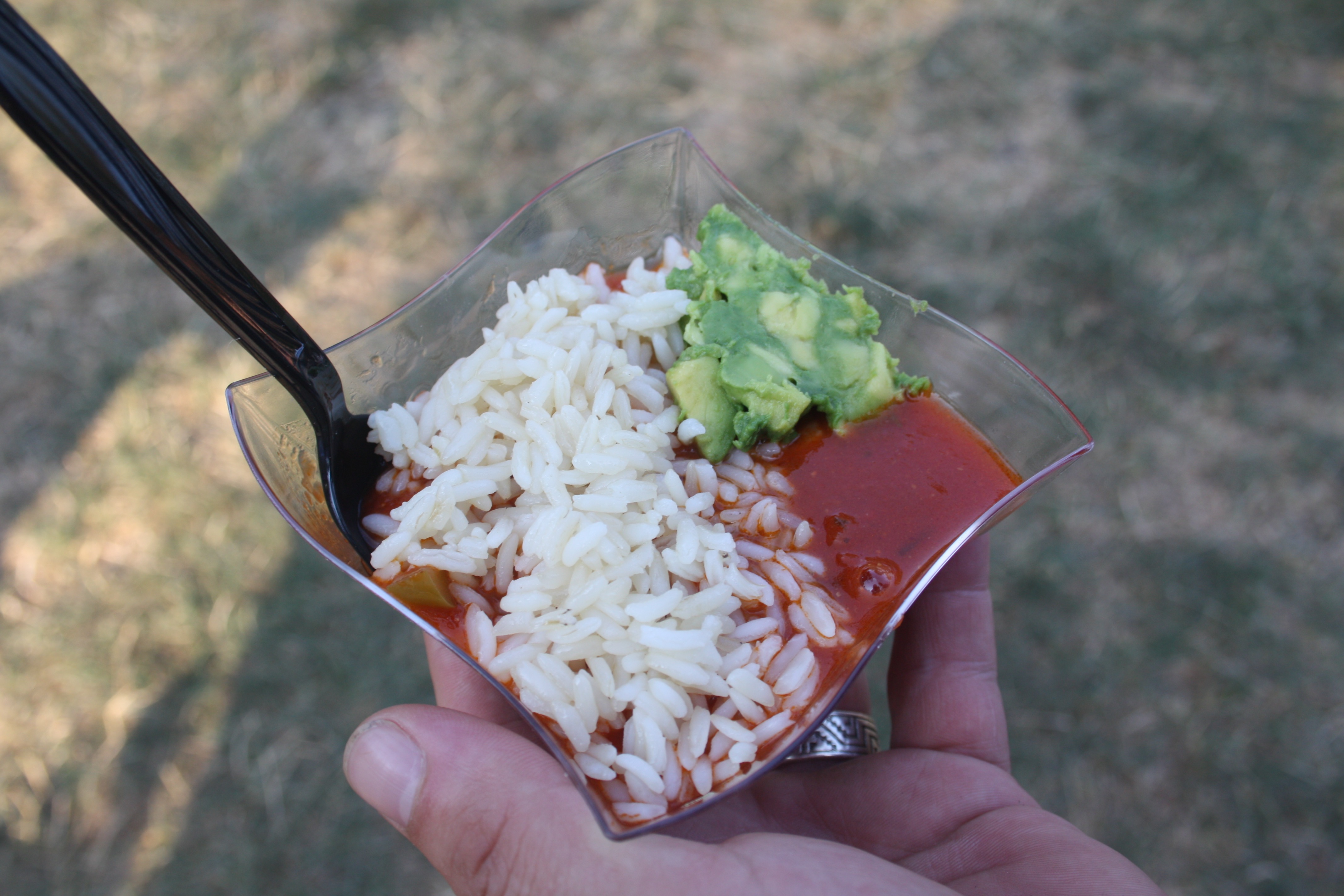 A small clear, scalloped bowl holds rice, sauce, and avocado with a black plastic spoon held by the white hand of the photographer. Photo by Rebecca Wells.