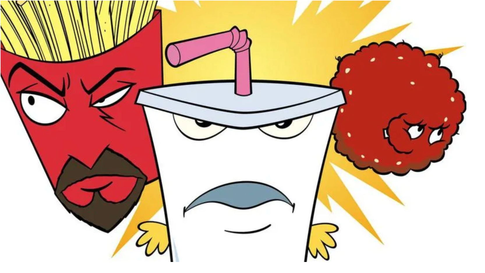 An image from Aquateen Hungerforce cartoon featuring an anthropomorphic carton of French fries, a milkshake, and a meatball 