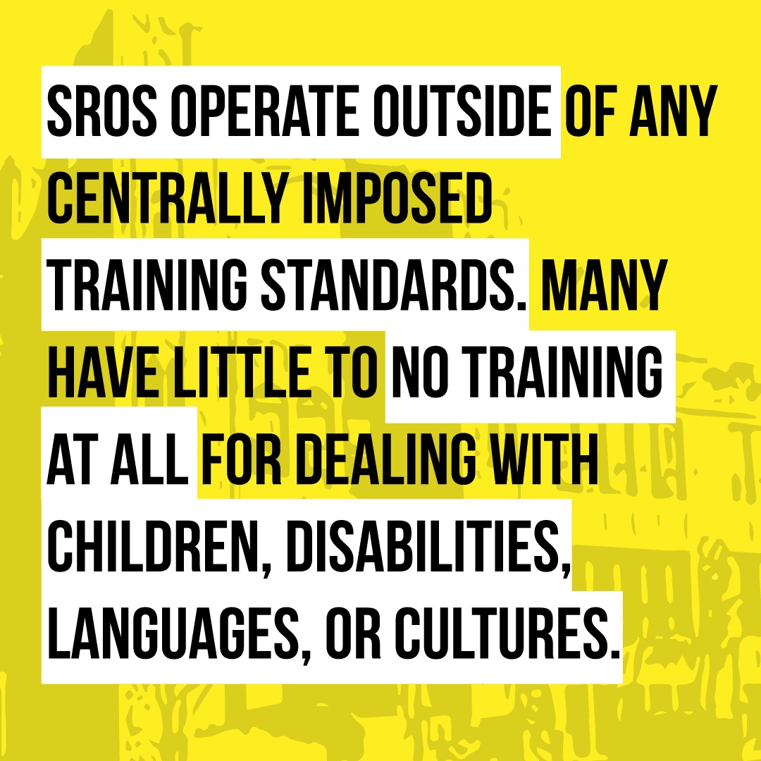 Yellow graphic with text overlaying about SROs and how they operate in schools. Image by Ameena Payne.