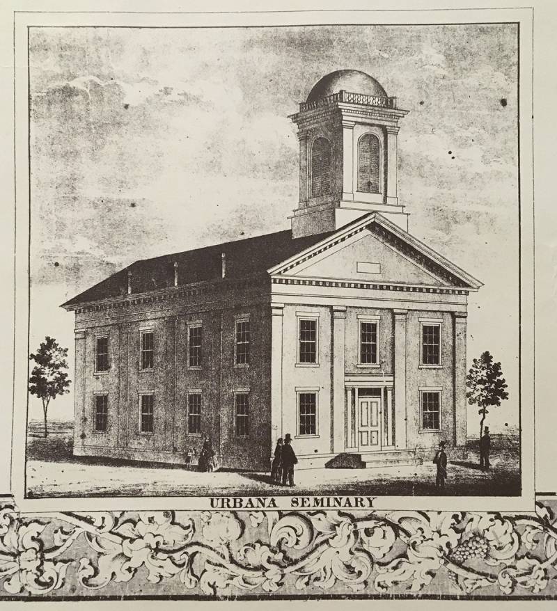 Sketch of Urbana Seminary from the 1859 Alexander Bowman map of Urbana and West Urbana. Two story frame building with gabled roof and front cupola.