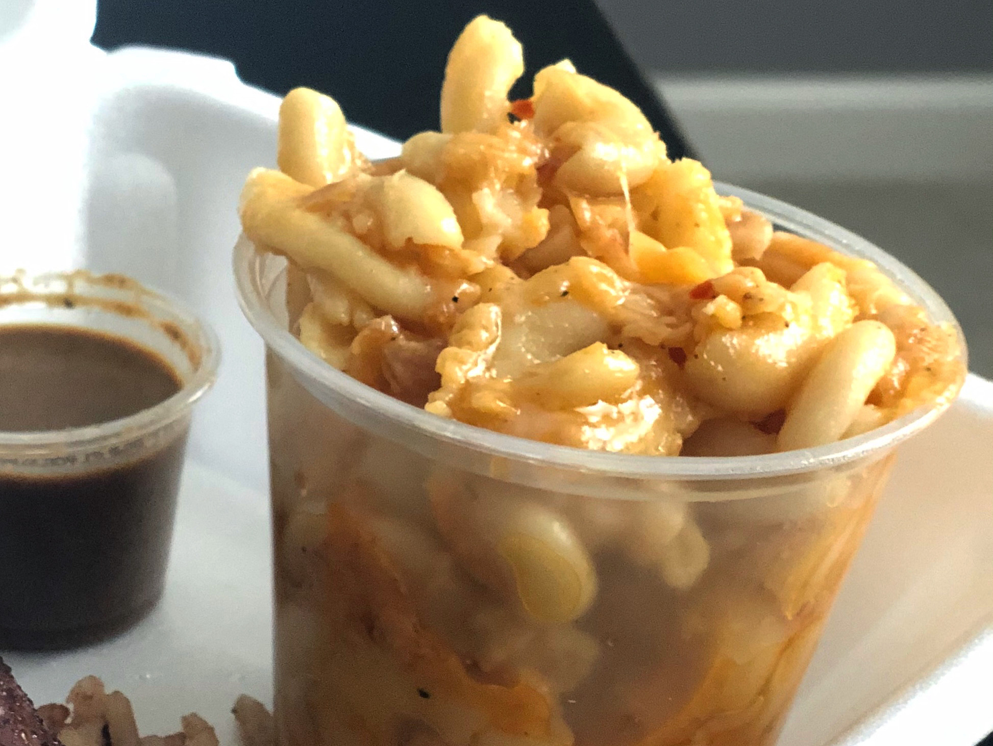 A tall, small plastic cup holds macaroni and cheese from Caribbean Grill in a styrofoam container with a small side cup of jerk sauce behind it. Photo by Alyssa Buckley.
